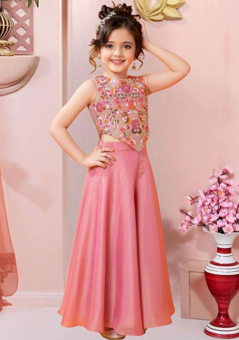 Pink Embroidered Supernet Kurta Set For Girls - Indya