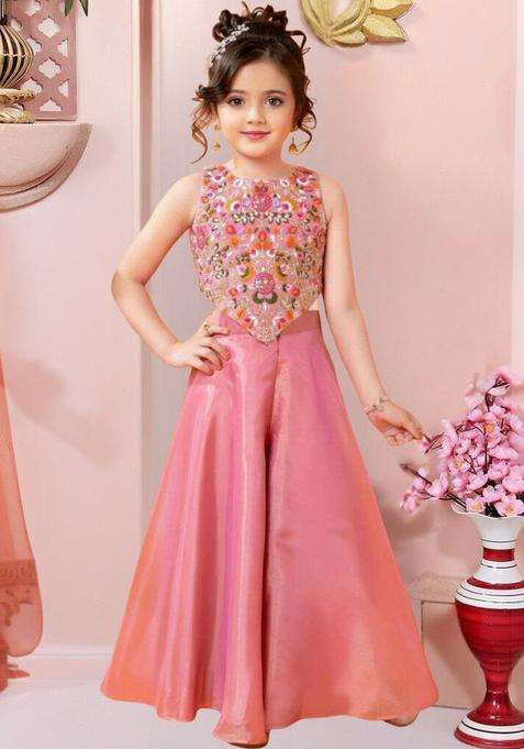 Pink Embroidered Supernet Kurta Set For Girls