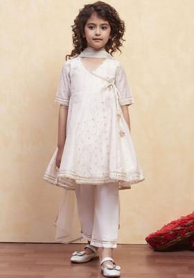 White Printed Polyester Kurta Set For Girls