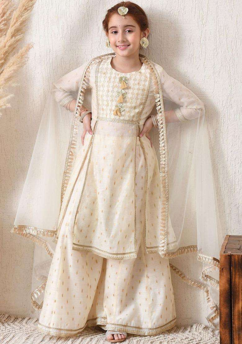 Cream Self Design Silk Kurta Set For Girls - Indya