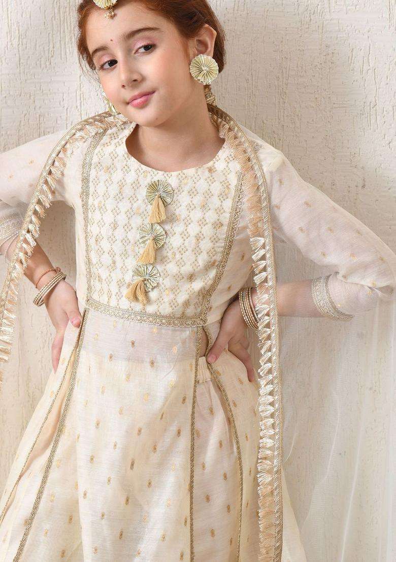 Cream Self Design Silk Kurta Set For Girls - Indya