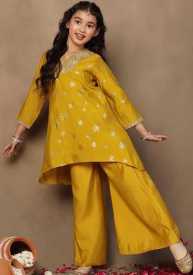 Yellow Embroidered Silk Kurta Set For Girls
