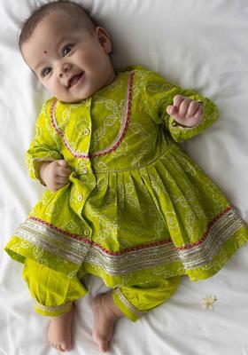 Green Printed Cotton Kurta Set For Girls