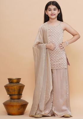Beige Embroidered Tissue Kurta Set For Girls