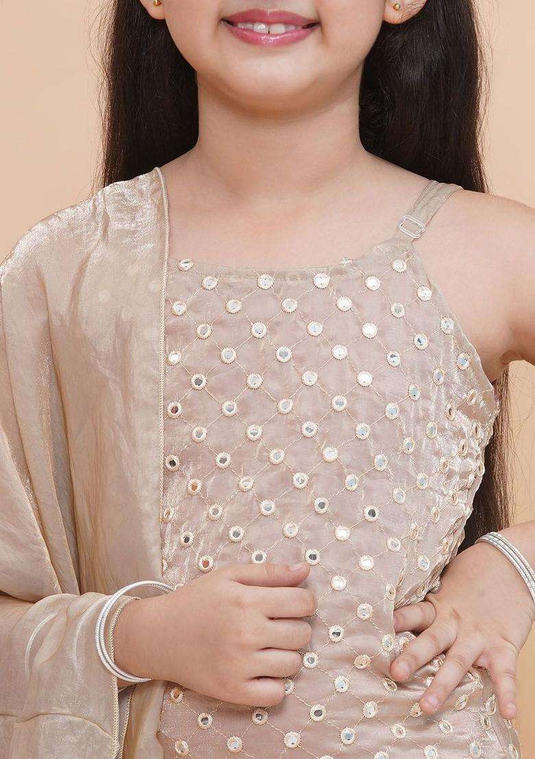 Beige Embroidered Tissue Kurta Set For Girls - Indya