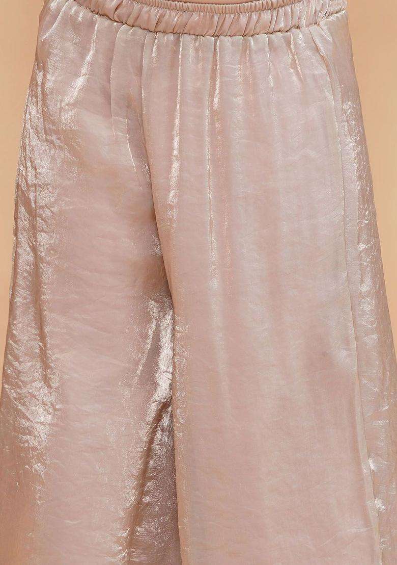 Beige Embroidered Tissue Kurta Set For Girls - Indya
