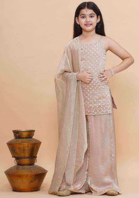 Beige Embroidered Tissue Kurta Set For Girls