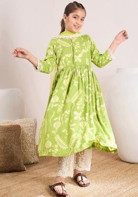 Green Printed Cotton Kurta Set For Girls
