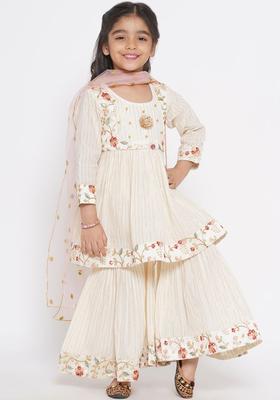 Cream Striped Cotton Kurta Set For Girls