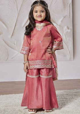 Pink Embroidered Tissue Kurta Set For Girls