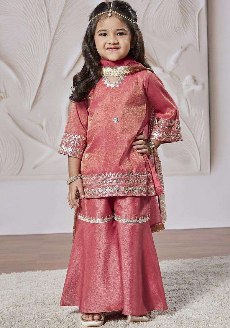 Pink Embroidered Tissue Kurta Set For Girls - Indya