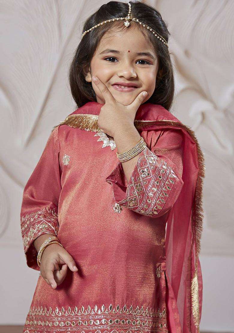 Pink Embroidered Tissue Kurta Set For Girls - Indya