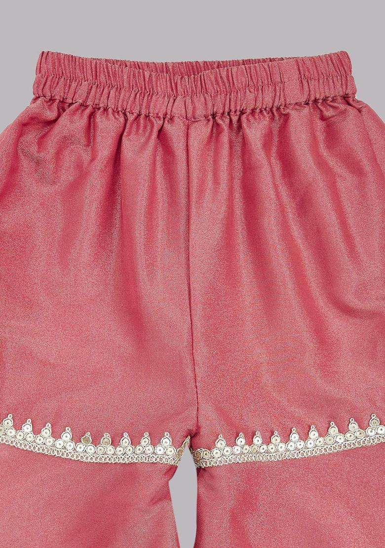 Pink Embroidered Tissue Kurta Set For Girls - Indya