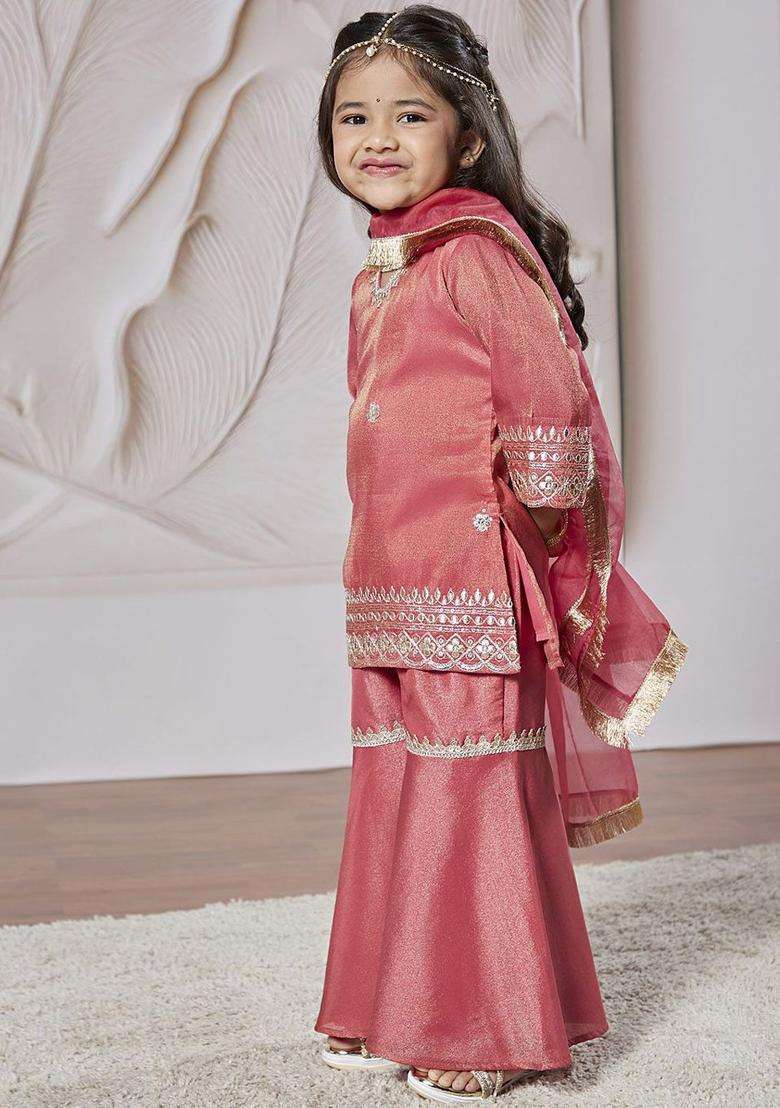 Pink Embroidered Tissue Kurta Set For Girls - Indya