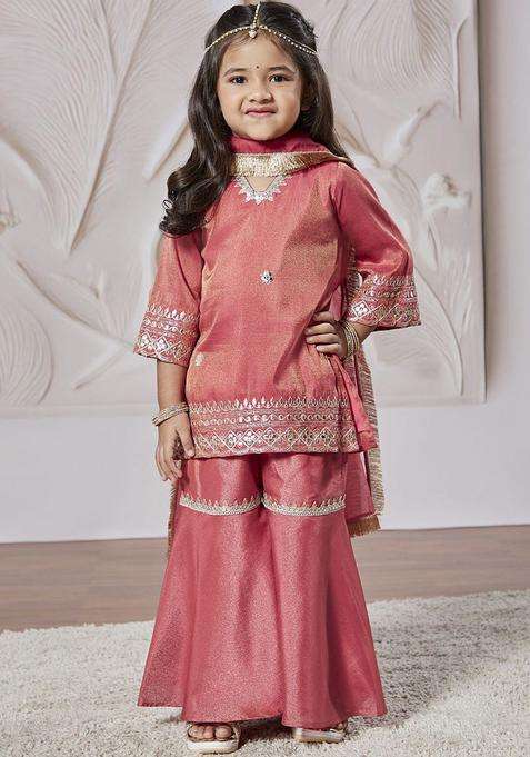 Pink Embroidered Tissue Kurta Set For Girls