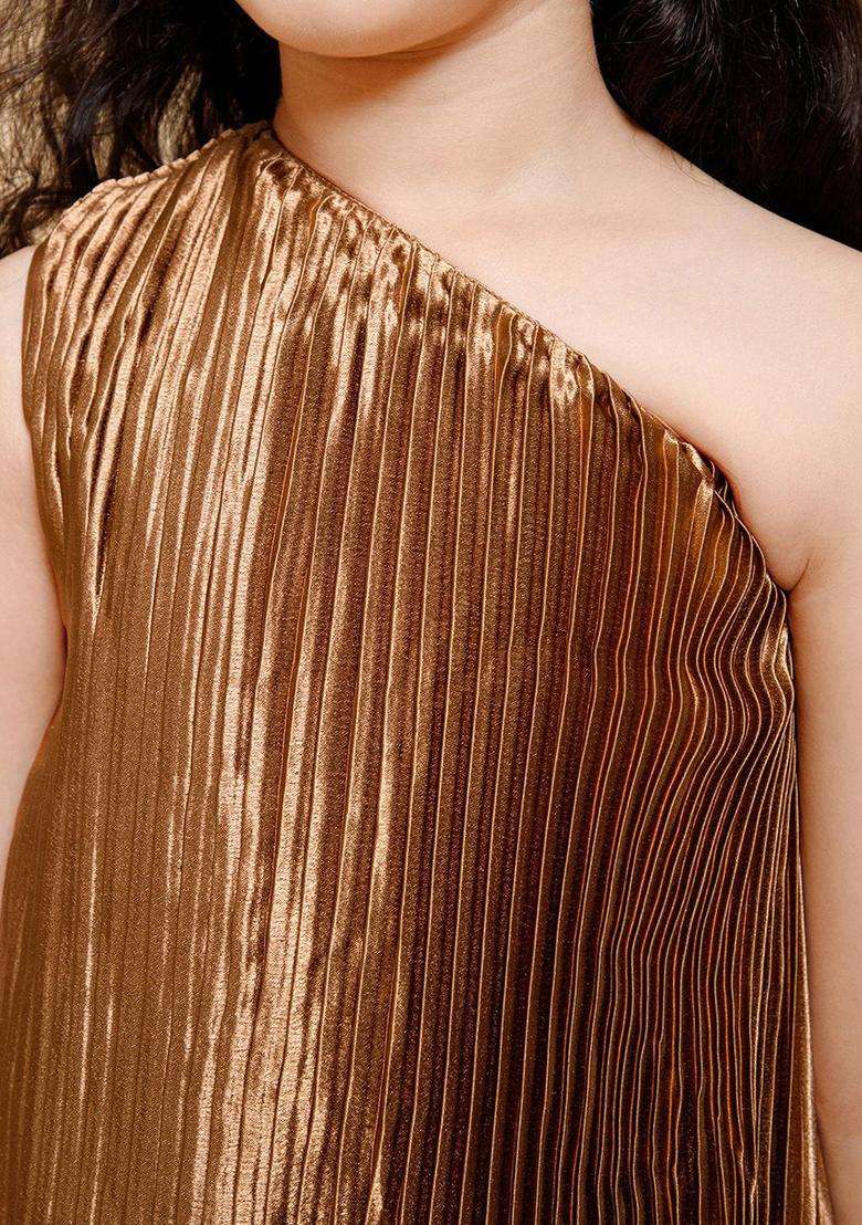 Gold Solid Silk Kurta Set For Girls - Indya