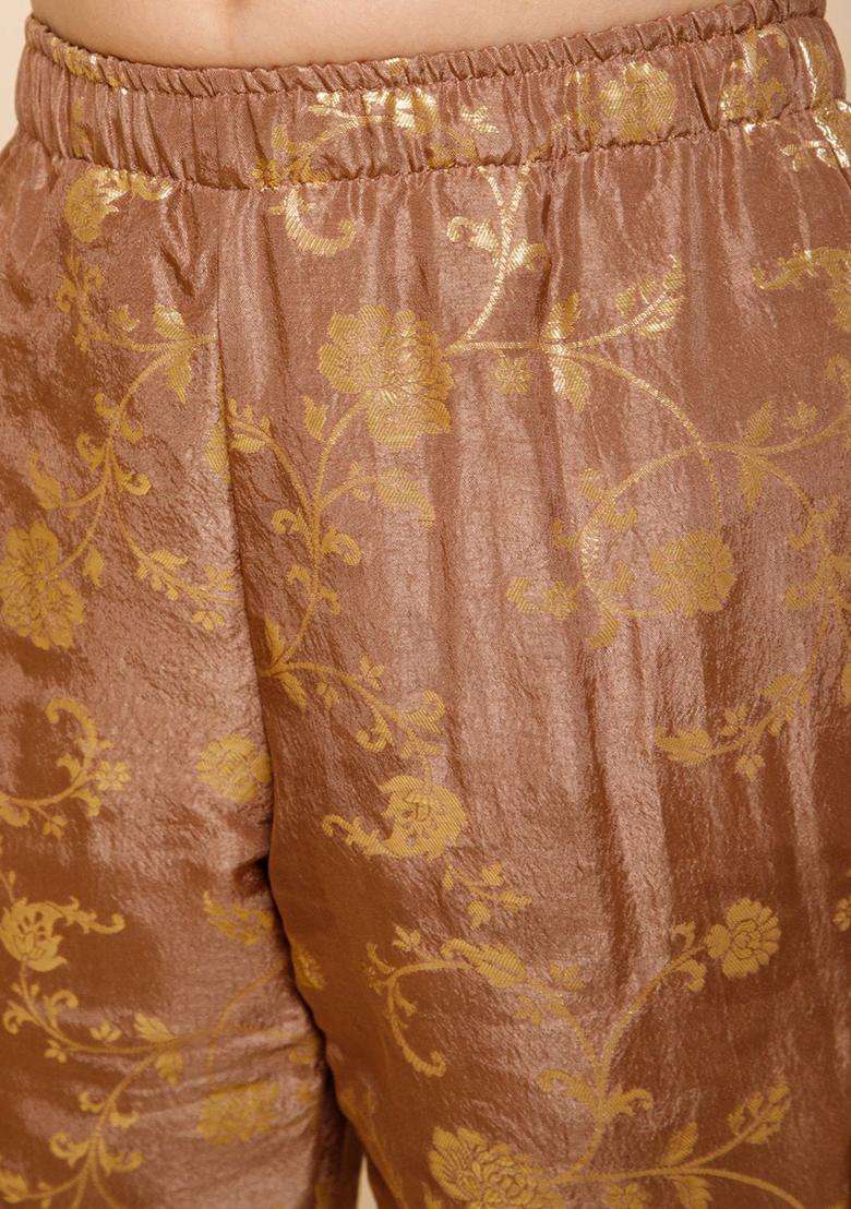 Gold Solid Silk Kurta Set For Girls - Indya