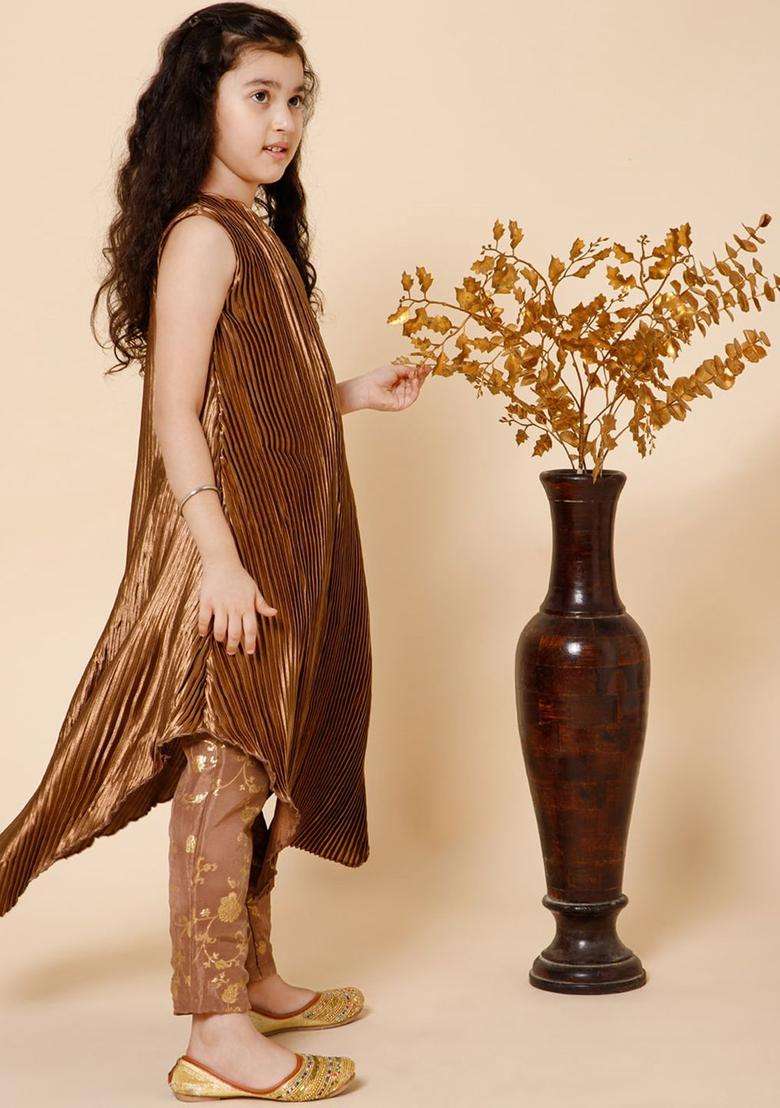 Gold Solid Silk Kurta Set For Girls - Indya