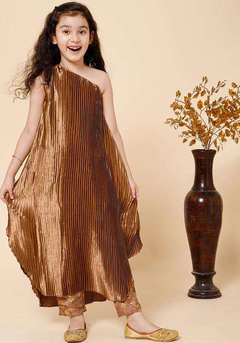 Gold Solid Silk Kurta Set For Girls