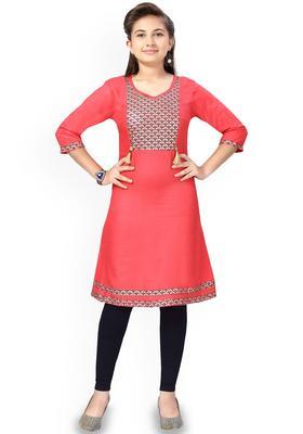 Red Printed Cotton Kurta Set For Girls