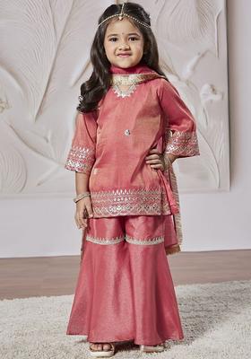 Pink Embroidered Tissue Kurta Set For Girls