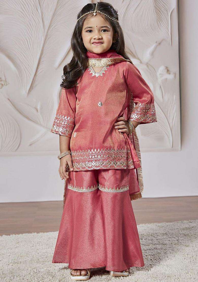 Pink Embroidered Tissue Kurta Set For Girls - Indya