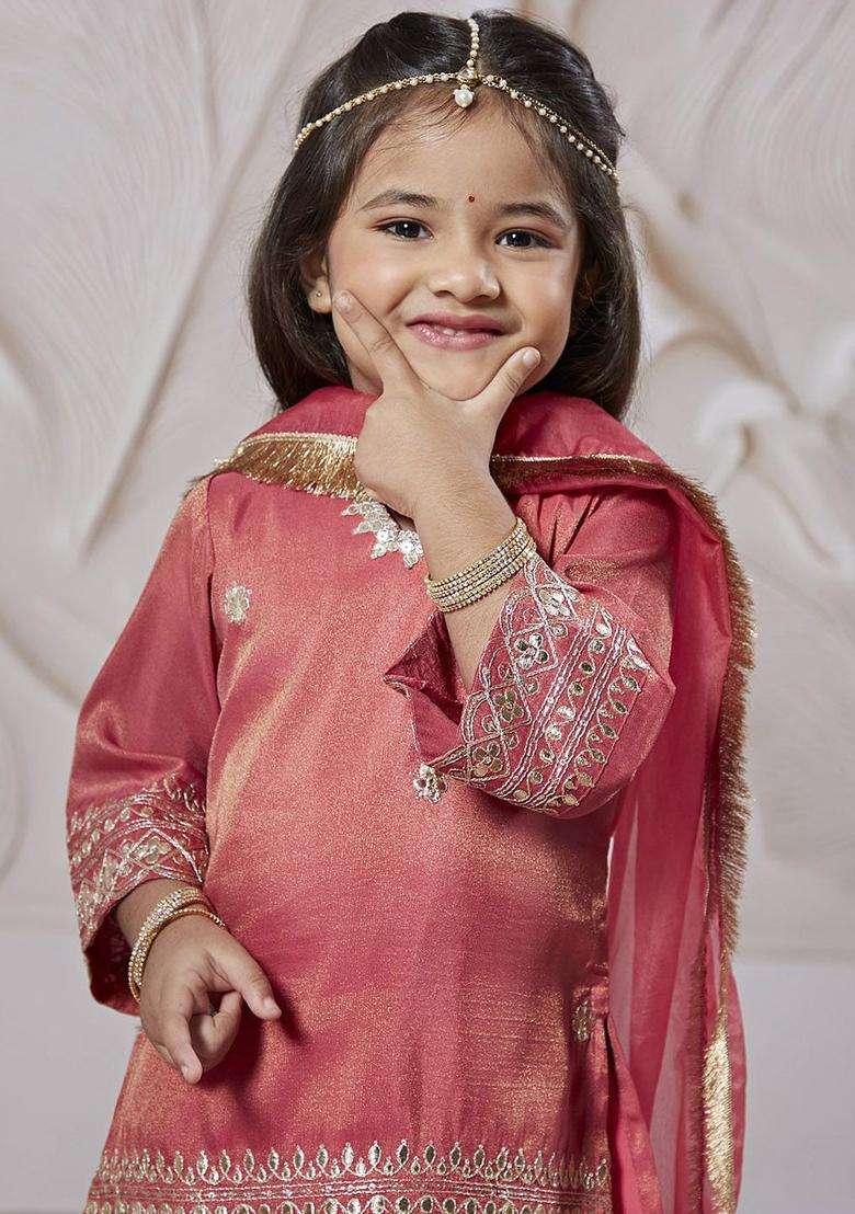Pink Embroidered Tissue Kurta Set For Girls - Indya