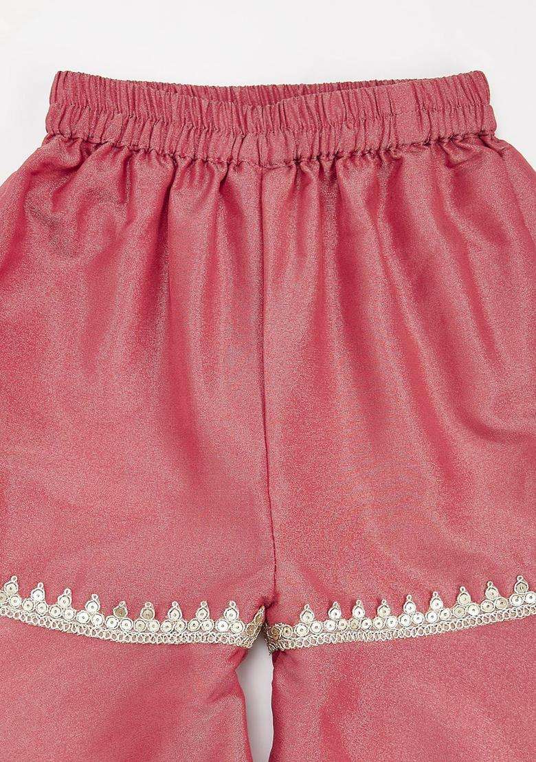 Pink Embroidered Tissue Kurta Set For Girls - Indya