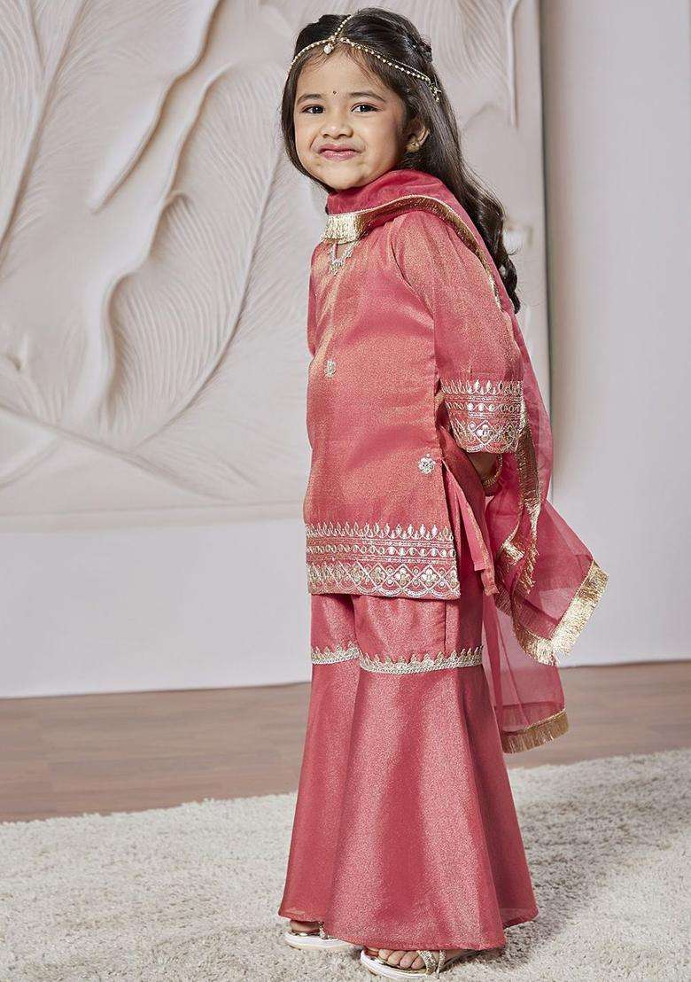 Pink Embroidered Tissue Kurta Set For Girls - Indya
