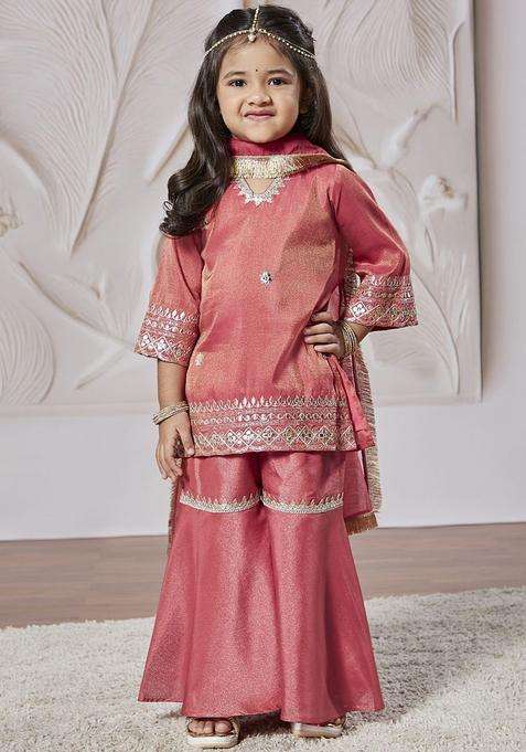 Pink Embroidered Tissue Kurta Set For Girls