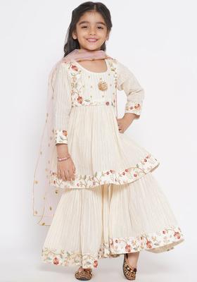 Cream Striped Cotton Kurta Set For Girls