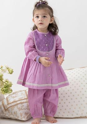Purple Striped Cotton Kurta Set For Girls