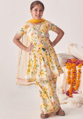 Off White Printed Cotton Kurta Set For Girls