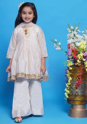 Cream Woven Design Silk Kurta Set For Girls