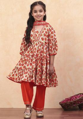 Orange Printed Viscose Kurta Set For Girls