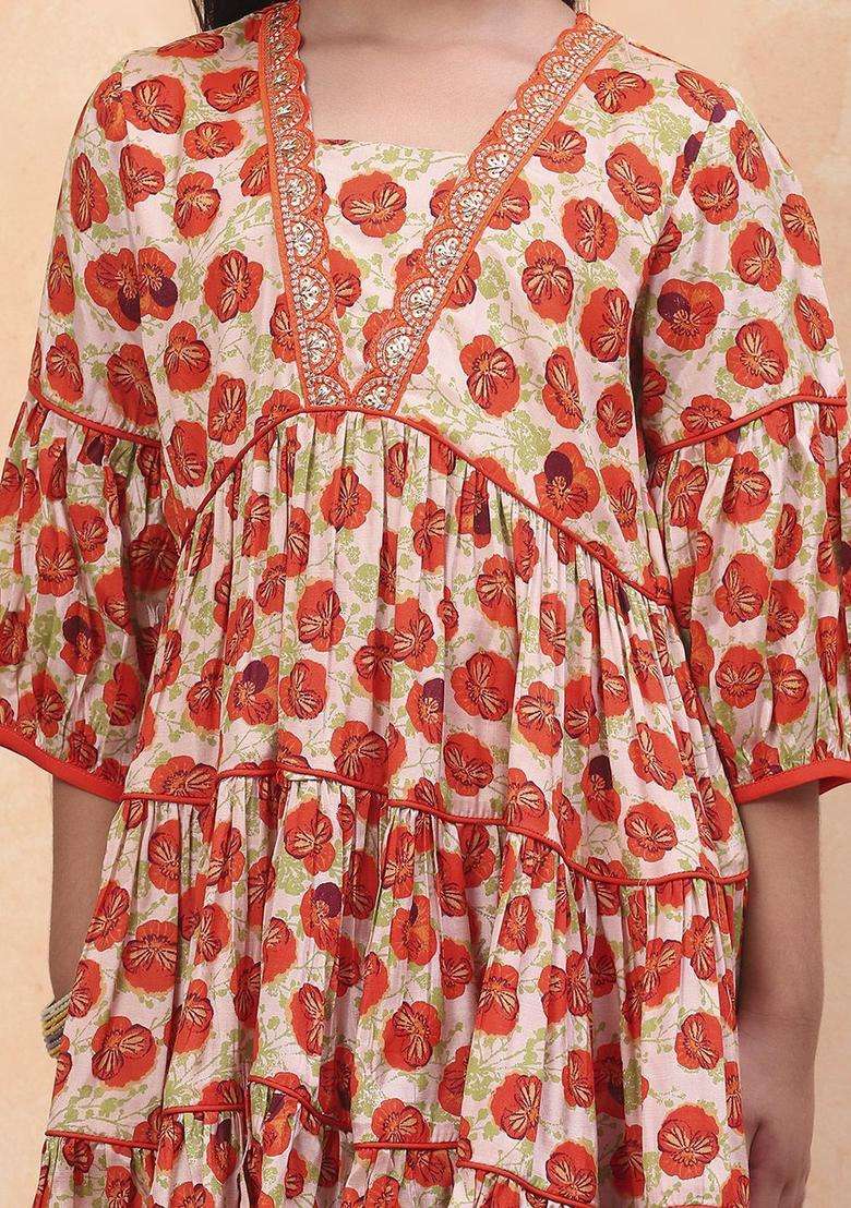 Orange Printed Viscose Kurta Set For Girls - Indya