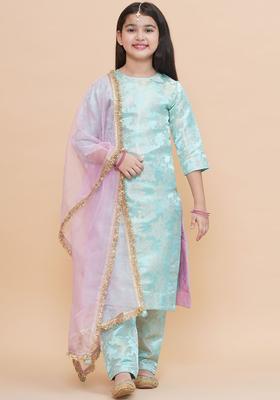 Blue Self Design Silk Kurta Set For Girls