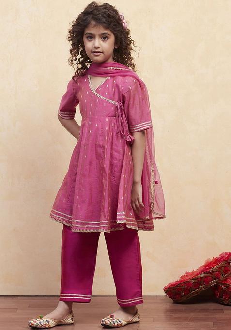 Pink Woven Design Polyester Kurta Set For Girls — view on Indya