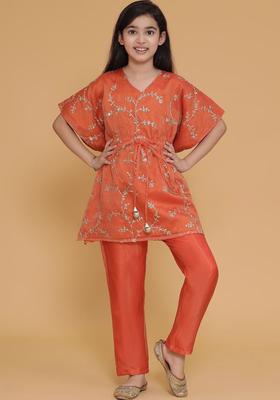 Orange Embroidered Tissue Kurta Set For Girls