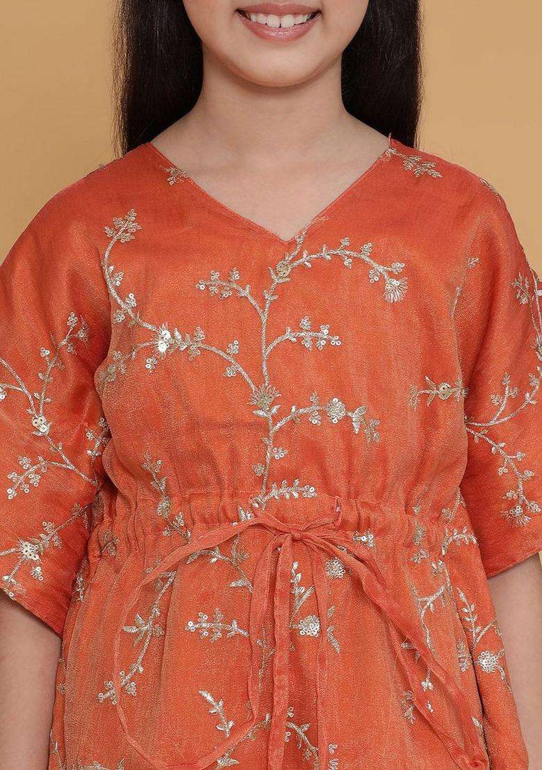Orange Embroidered Tissue Kurta Set For Girls - Indya