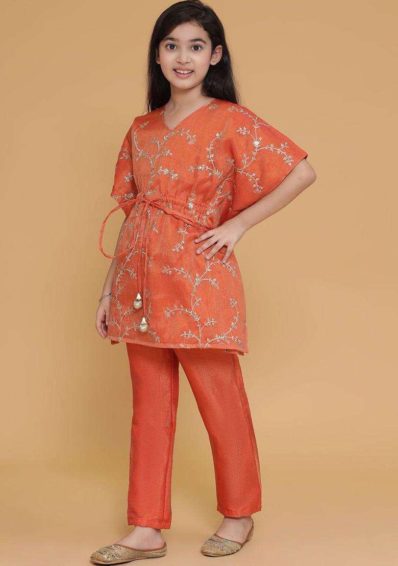 Orange Embroidered Tissue Kurta Set For Girls - Indya