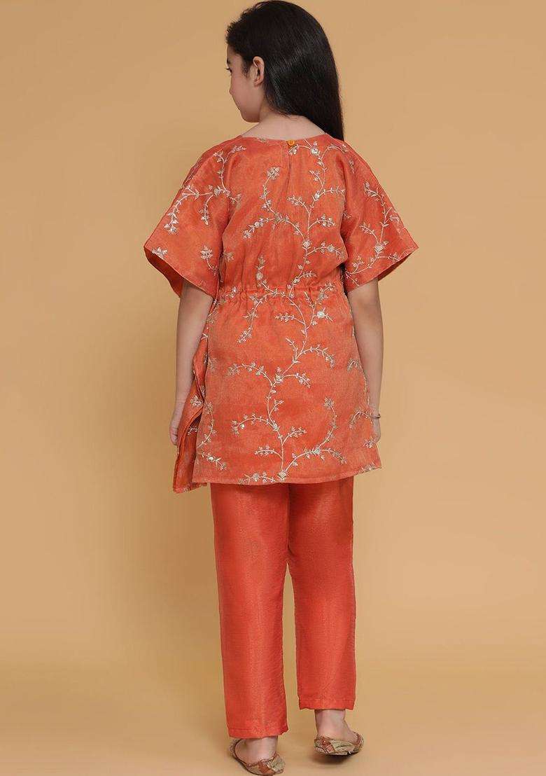 Orange Embroidered Tissue Kurta Set For Girls - Indya