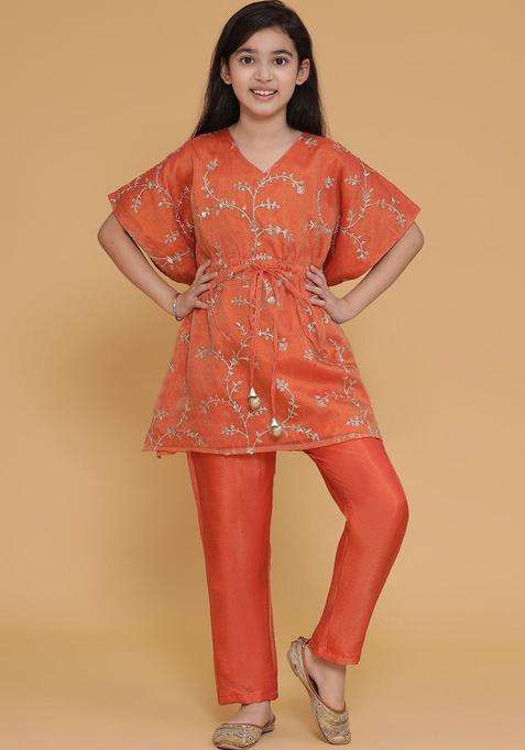 Orange Embroidered Tissue Kurta Set For Girls