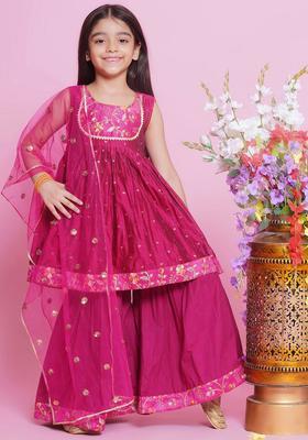 Pink Embroidered Silk Kurta Set For Girls