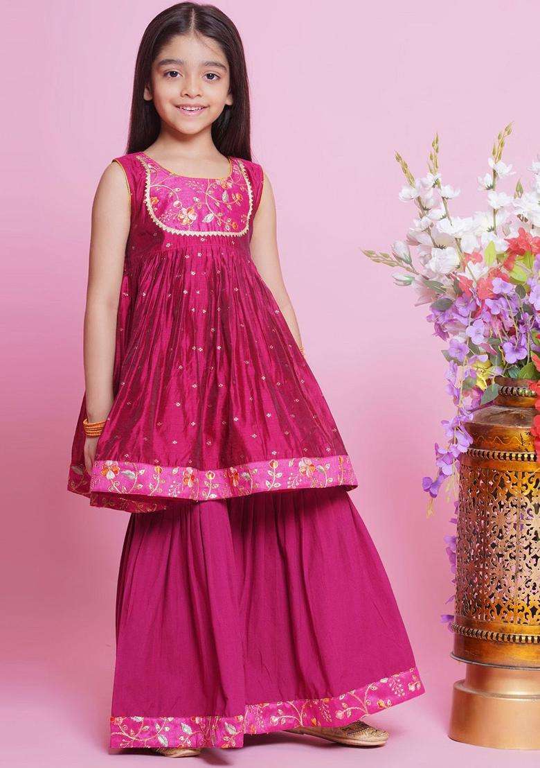 Pink Embroidered Silk Kurta Set For Girls - Indya