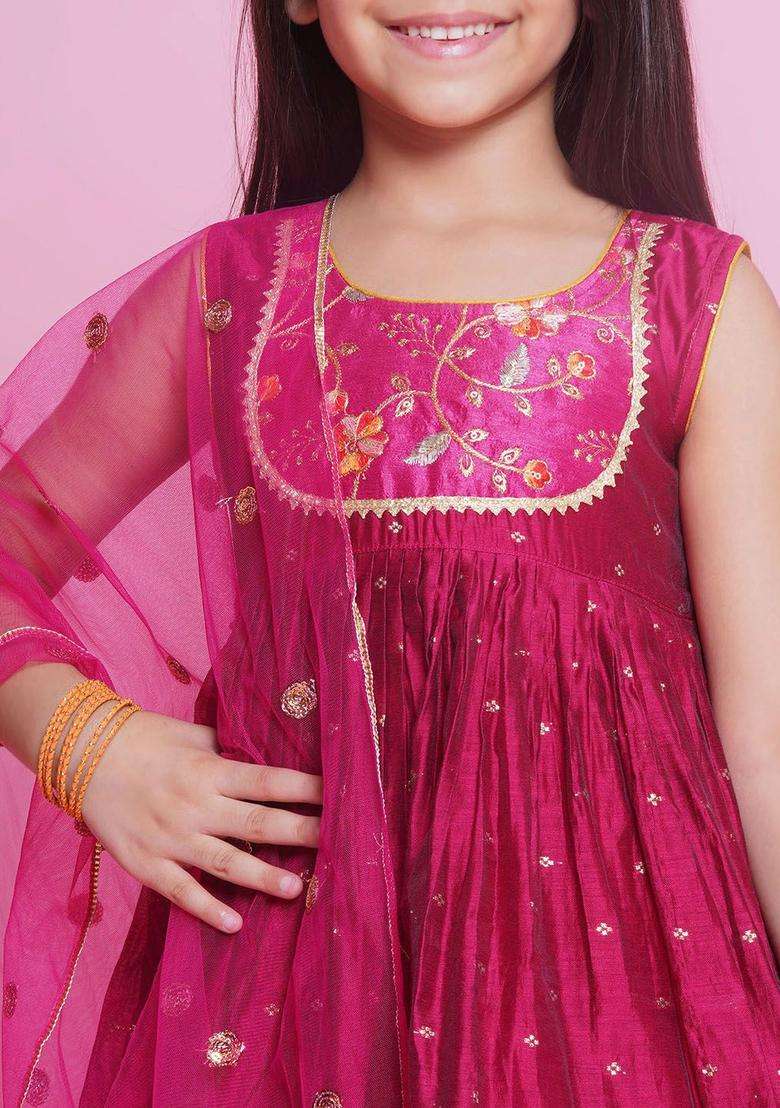 Pink Embroidered Silk Kurta Set For Girls - Indya