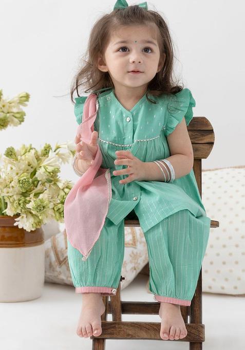 Green Striped Cotton Kurta Set For Girls — view on Indya