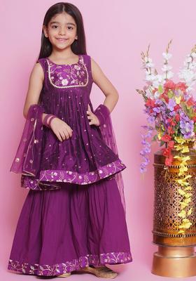Purple Embroidered Silk Kurta Set For Girls