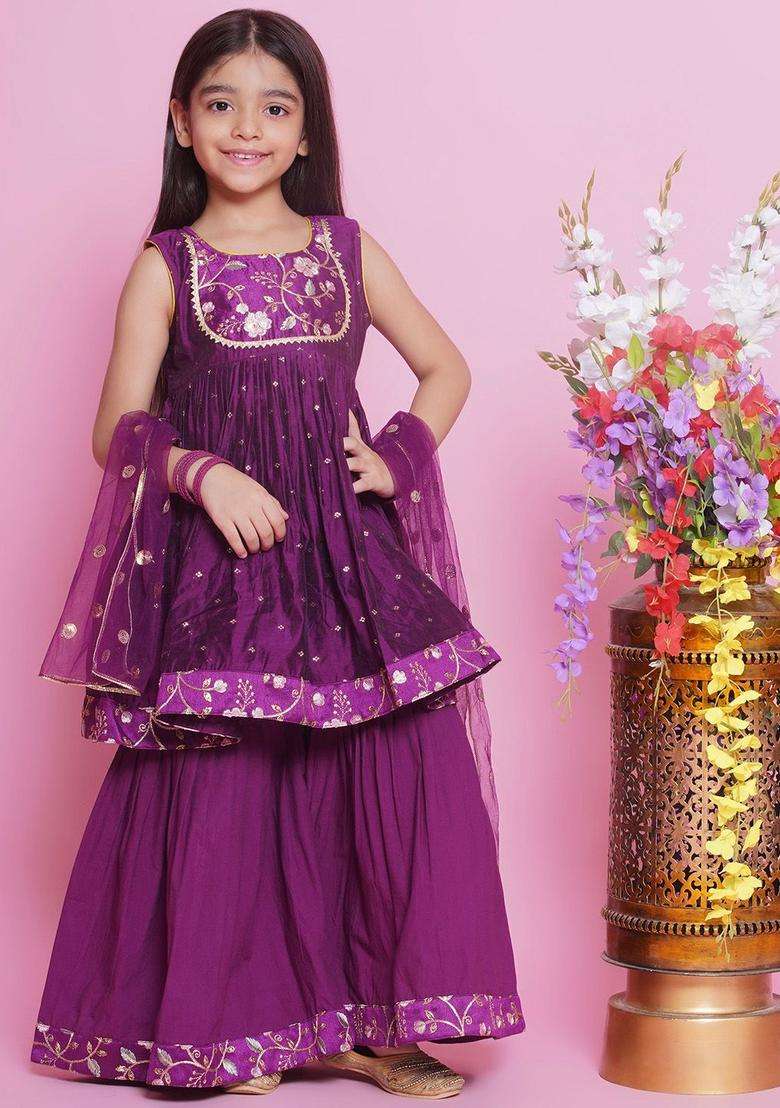 Purple Embroidered Silk Kurta Set For Girls - Indya