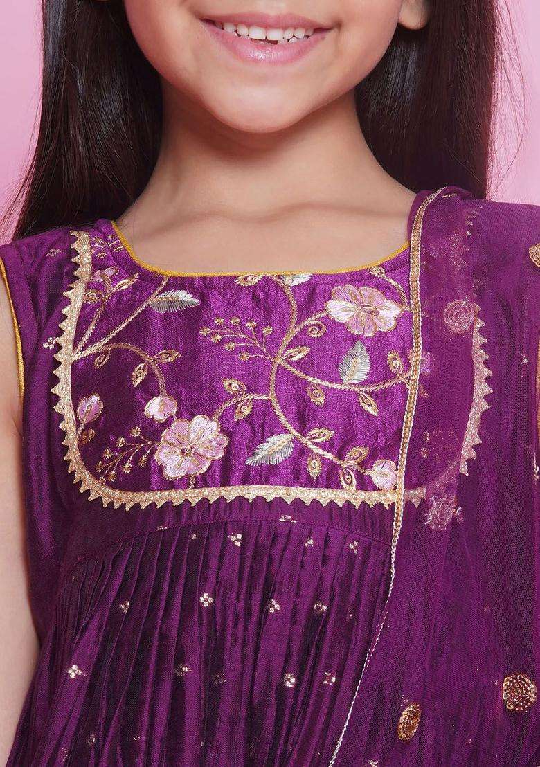 Purple Embroidered Silk Kurta Set For Girls - Indya